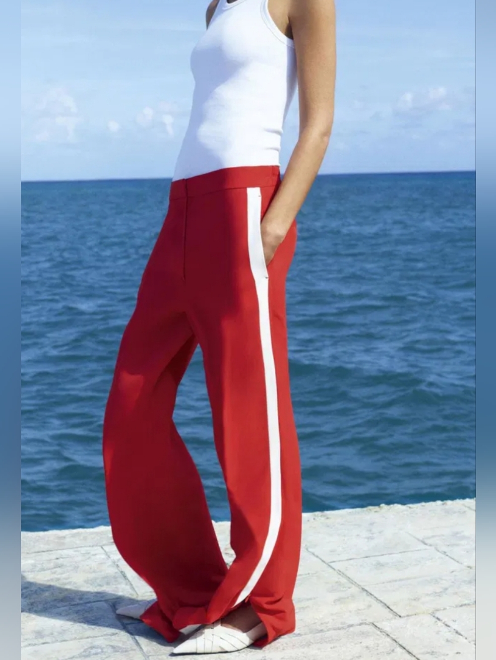 COS Red Wide-Leg Track Pants with White Side Stripe